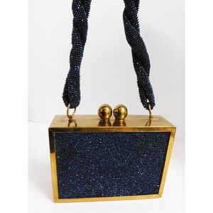 Du Bonnette Vintage Black Blue Sapphire Micro Beaded Kiss Lock Purse Handbag‎